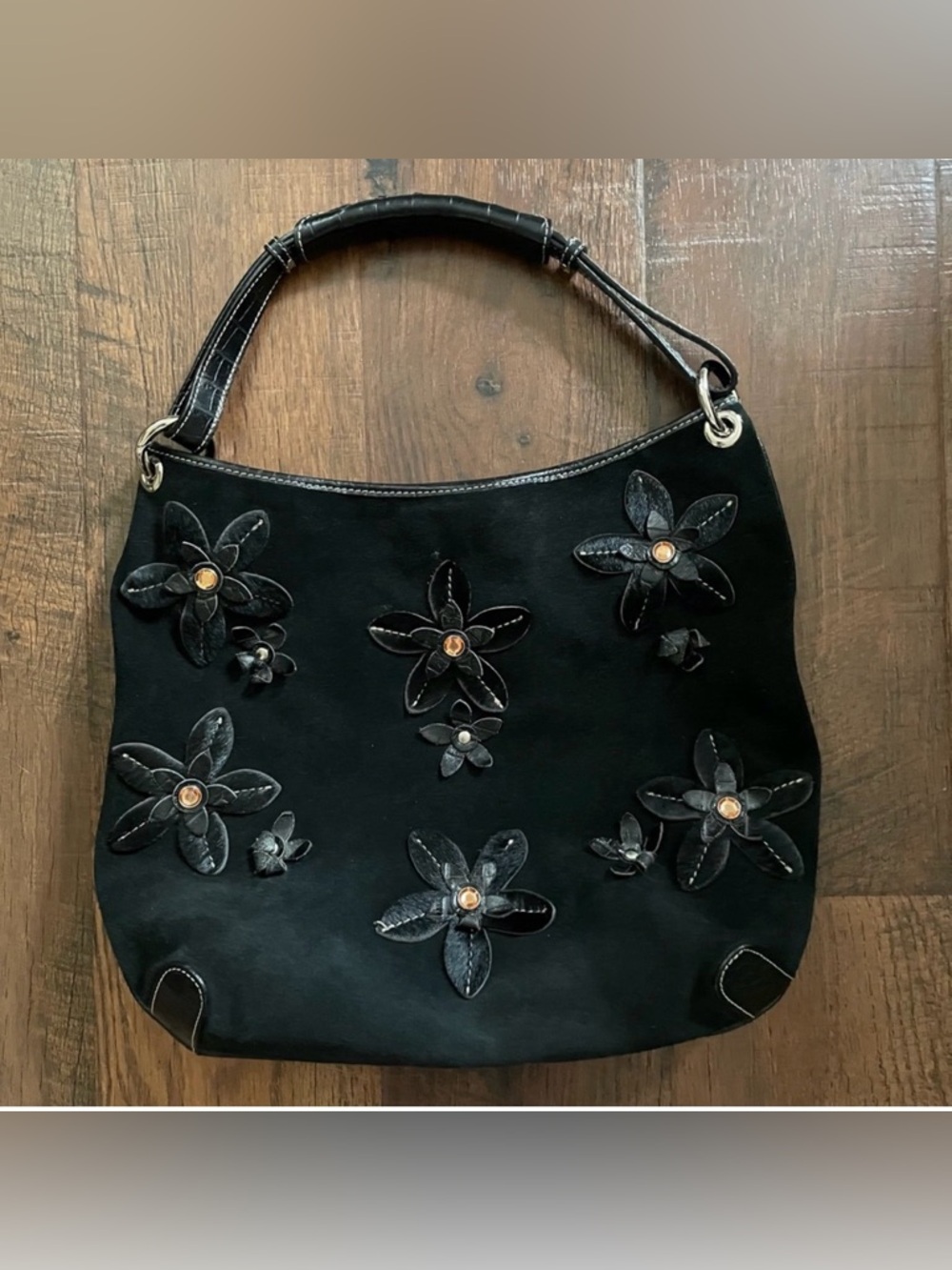Black suede, pony hair/leather/rhinestone floral appliqué hobo, made in Italy